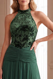 Green Floral A-Line Halter Ruched Velvet Open Back Long Formal Dress