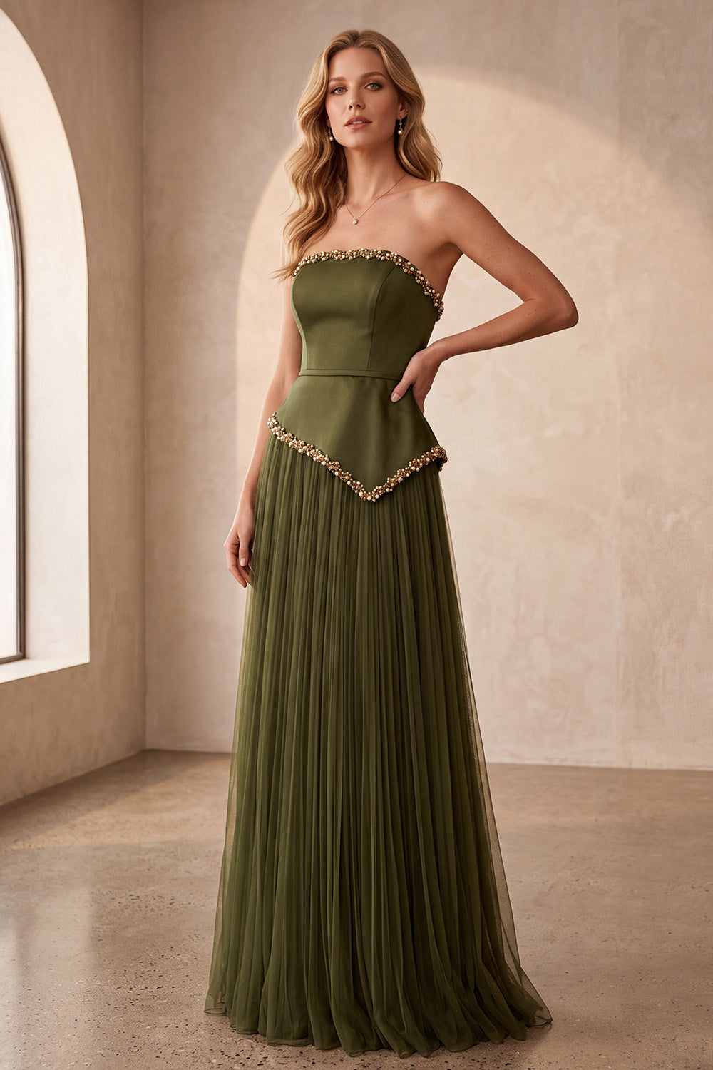 Olive Satin A-Line Strapless Pleated Long Formal Dress with Pearls