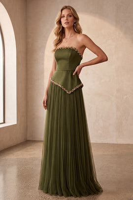 Olive Satin A-Line Strapless Pleated Long Formal Dress with Pearls