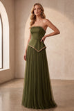 Olive Satin A-Line Strapless Pleated Long Formal Dress with Pearls