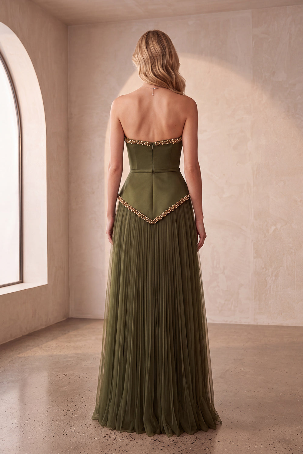 Olive Satin A-Line Strapless Pleated Long Formal Dress with Pearls