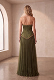 Olive Satin A-Line Strapless Pleated Long Formal Dress with Pearls