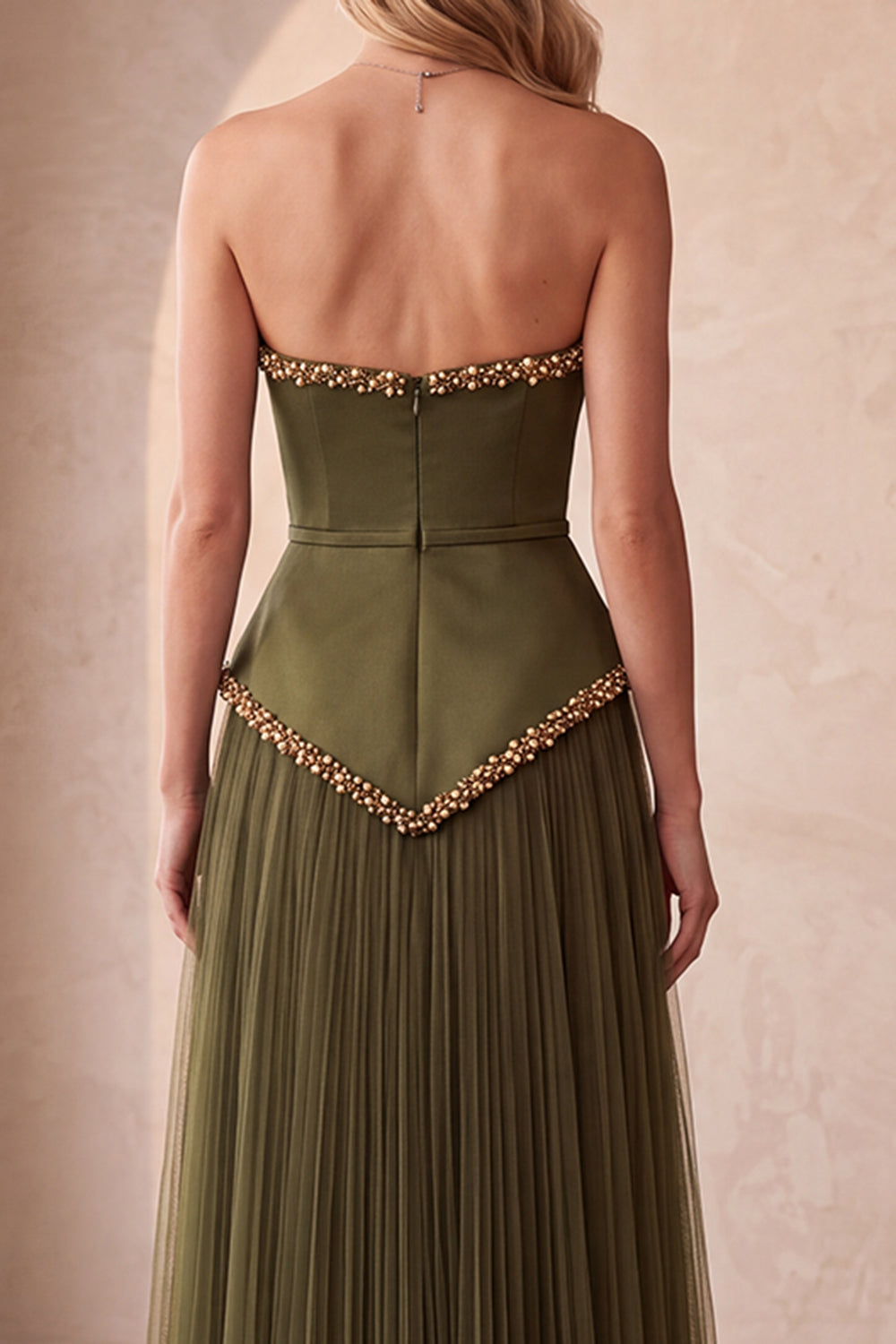 Olive Satin A-Line Strapless Pleated Long Formal Dress with Pearls