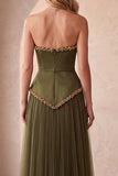 Olive Satin A-Line Strapless Pleated Long Formal Dress with Pearls