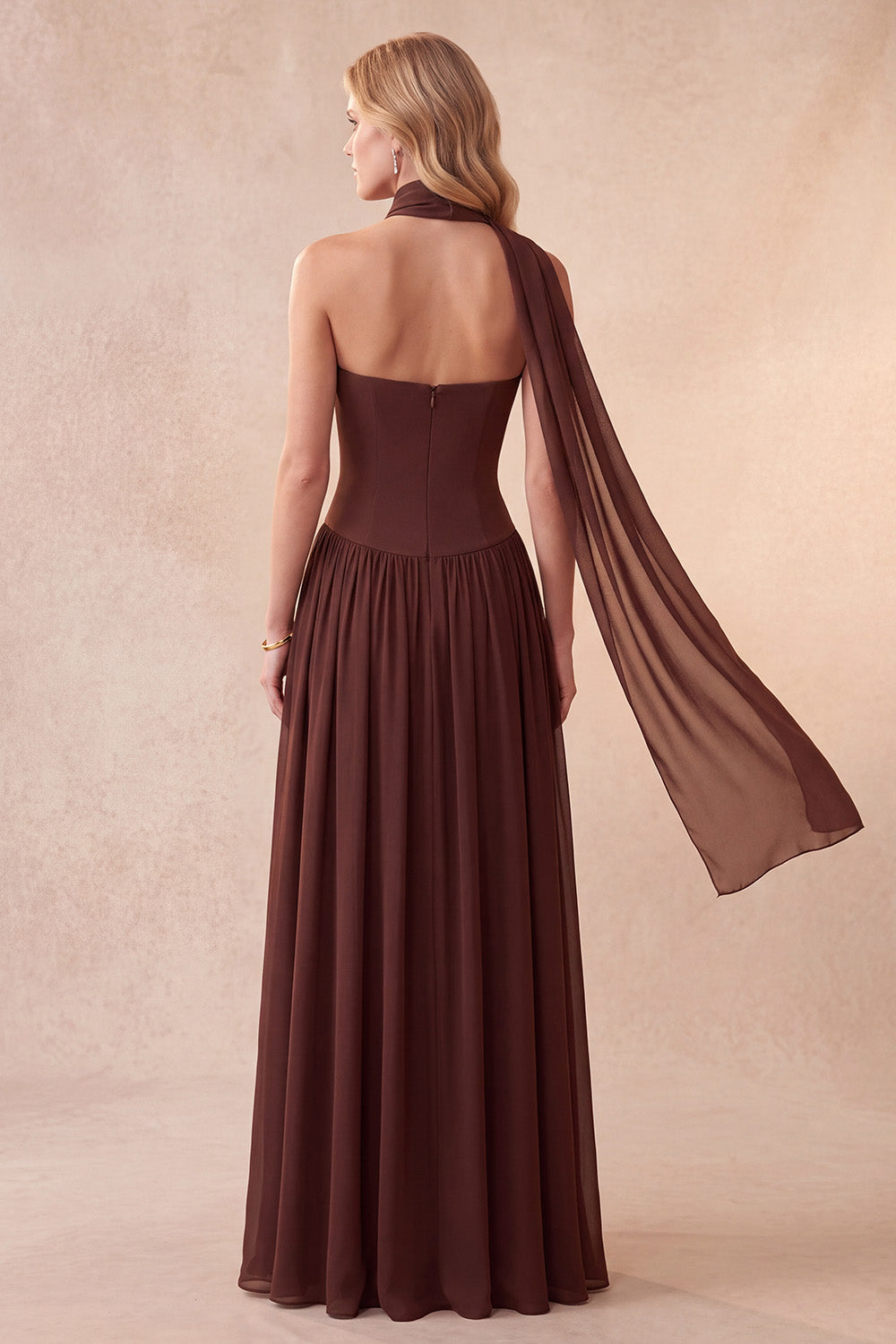 Coffee Corset Chiffon A-Line Sweetheart Beaded Long Formal Dress with Neck Scarf