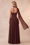 Coffee Corset Chiffon A-Line Sweetheart Beaded Long Formal Dress with Neck Scarf