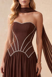 Coffee Corset Chiffon A-Line Sweetheart Beaded Long Formal Dress with Neck Scarf