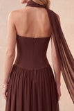 Coffee Corset Chiffon A-Line Sweetheart Beaded Long Formal Dress with Neck Scarf