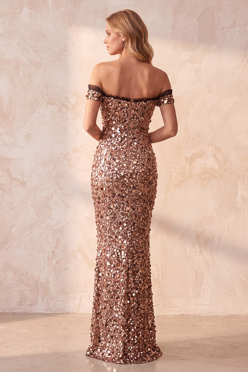 Sparkly Khaki Mermaid Off the Shoulder Sequin Ruffled Long Formal Dress