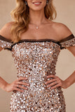 Sparkly Khaki Mermaid Off the Shoulder Sequin Ruffled Long Formal Dress