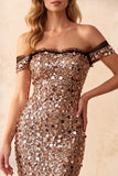 Sparkly Khaki Mermaid Off the Shoulder Sequin Ruffled Long Formal Dress