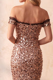 Sparkly Khaki Mermaid Off the Shoulder Sequin Ruffled Long Formal Dress