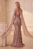 Sparkly Khaki Sequin Mermaid Strapless Long Formal Dress with Neck Scarf