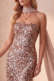 Sparkly Khaki Sequin Mermaid Strapless Long Formal Dress with Neck Scarf