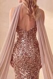 Sparkly Khaki Sequin Mermaid Strapless Long Formal Dress with Neck Scarf