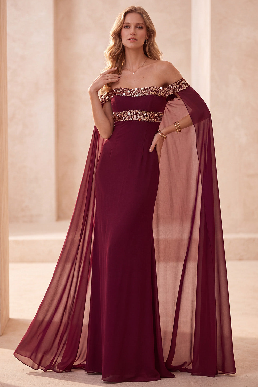 Burgundy Chiffon Off the Shoulder Sequin Long Formal Dress with Cape