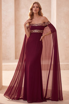 Burgundy Chiffon Off the Shoulder Sequin Long Formal Dress with Cape