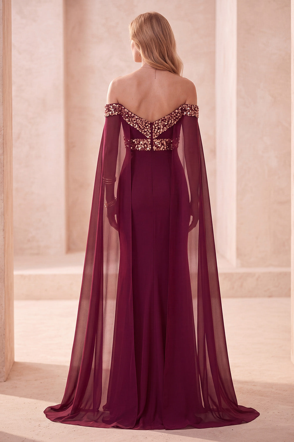 Burgundy Chiffon Off the Shoulder Sequin Long Formal Dress with Cape