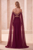 Burgundy Chiffon Off the Shoulder Sequin Long Formal Dress with Cape