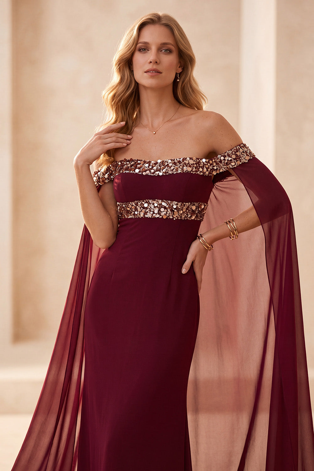Burgundy Chiffon Off the Shoulder Sequin Long Formal Dress with Cape