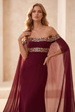 Burgundy Chiffon Off the Shoulder Sequin Long Formal Dress with Cape