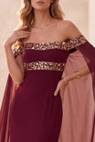 Burgundy Chiffon Off the Shoulder Sequin Long Formal Dress with Cape
