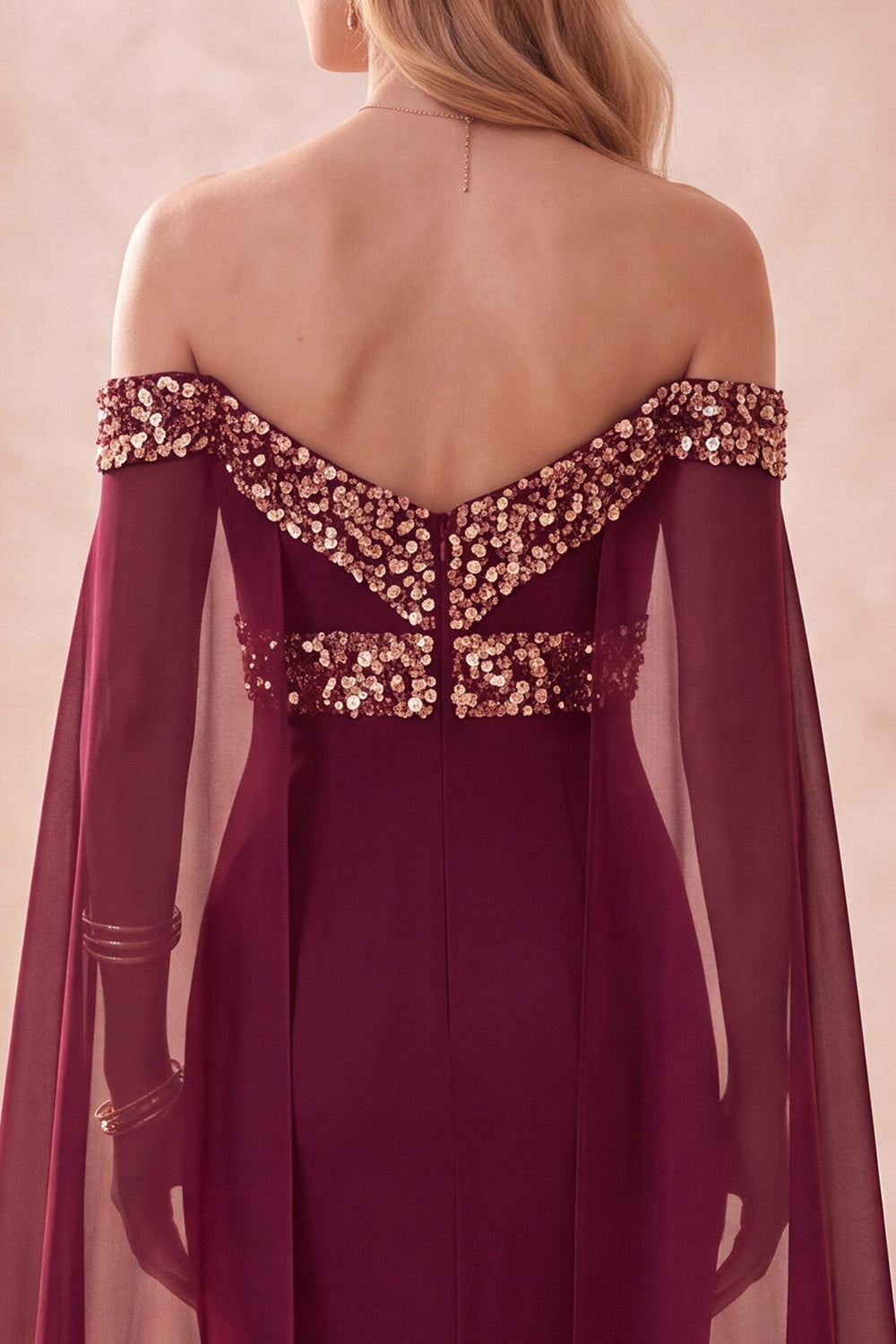 Burgundy Chiffon Off the Shoulder Sequin Long Formal Dress with Cape