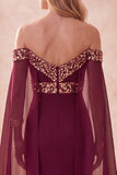 Burgundy Chiffon Off the Shoulder Sequin Long Formal Dress with Cape