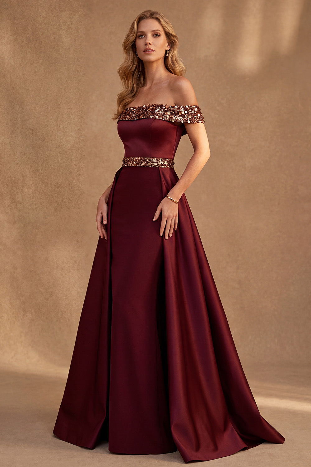 Burgundy Satin Off the Shoulder Sequin Long Formal Dress with Cape