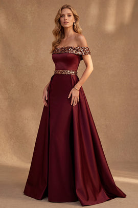 Burgundy Satin Off the Shoulder Sequin Long Formal Dress with Cape