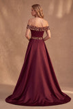 Burgundy Satin Off the Shoulder Sequin Long Formal Dress with Cape