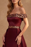 Burgundy Satin Off the Shoulder Sequin Long Formal Dress with Cape
