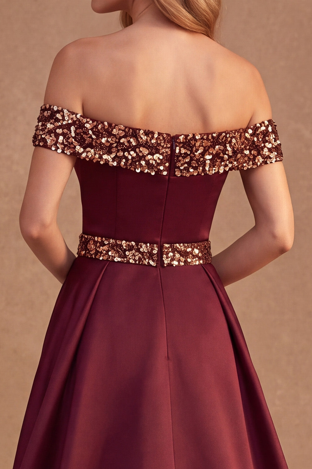 Burgundy Satin Off the Shoulder Sequin Long Formal Dress with Cape