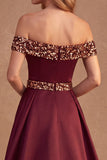 Burgundy Satin Off the Shoulder Sequin Long Formal Dress with Cape