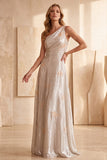 Silver A-Line One Shoulder Ruched Long Formal Dress with Appliques
