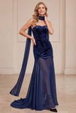 Navy Mermaid Strapless Floral Velvet Long Formal Dress with Neck Scarf