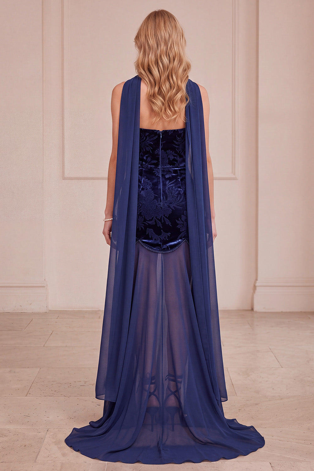 Navy Mermaid Strapless Floral Velvet Long Formal Dress with Neck Scarf