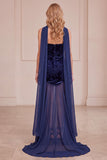 Navy Mermaid Strapless Floral Velvet Long Formal Dress with Neck Scarf