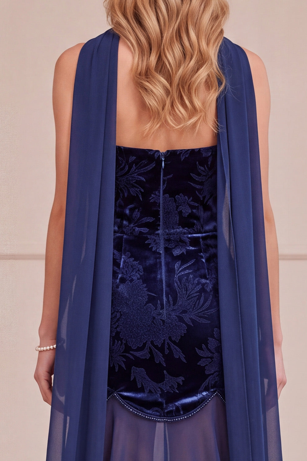 Navy Mermaid Strapless Floral Velvet Long Formal Dress with Neck Scarf