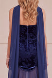 Navy Mermaid Strapless Floral Velvet Long Formal Dress with Neck Scarf