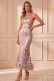 Sparkly Vintage Mauve Sequin One Shoulder Midi Formal Dress with Feathers