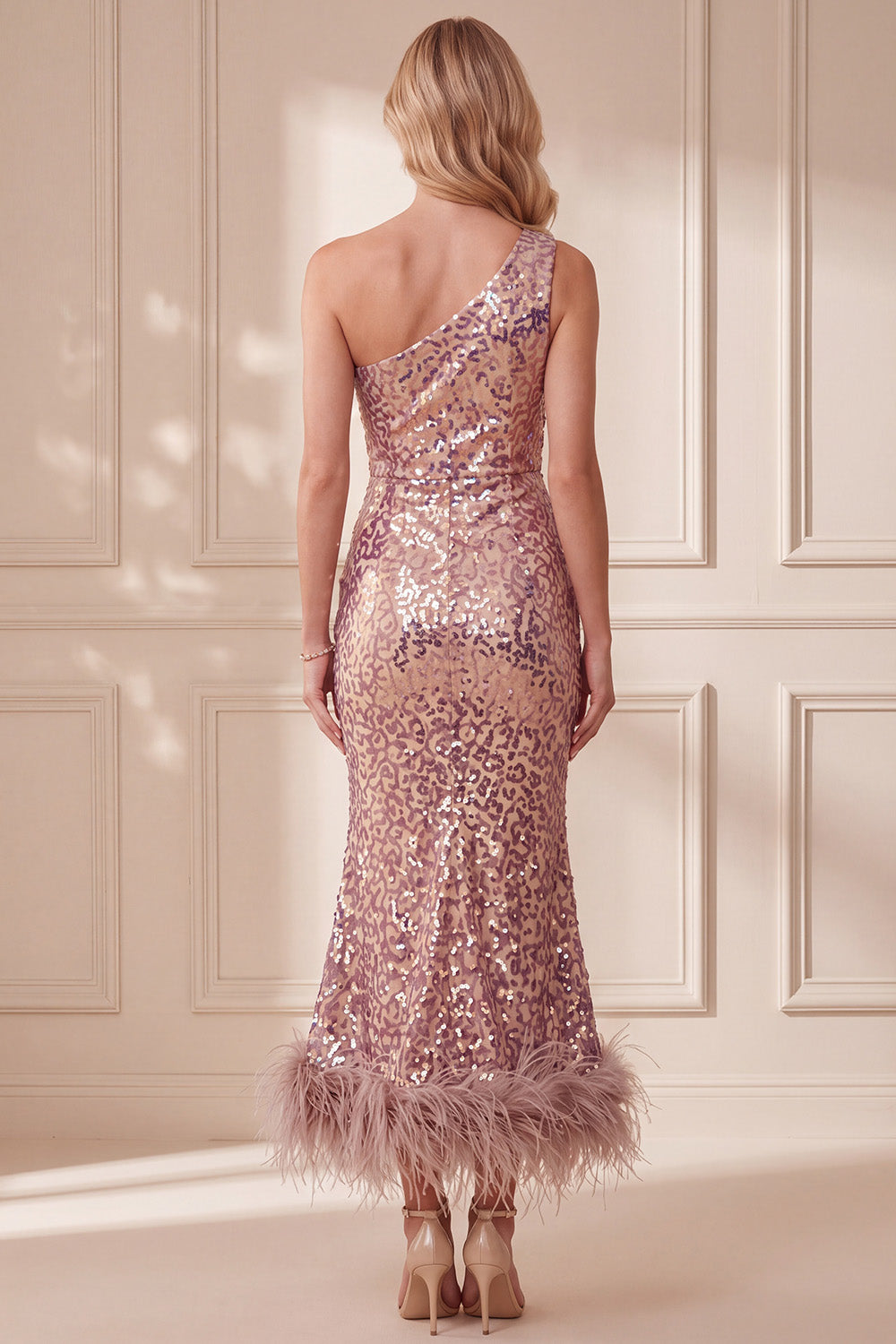 Sparkly Vintage Mauve Sequin One Shoulder Midi Formal Dress with Feathers
