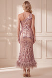 Sparkly Vintage Mauve Sequin One Shoulder Midi Formal Dress with Feathers