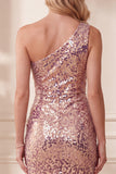 Sparkly Vintage Mauve Sequin One Shoulder Midi Formal Dress with Feathers