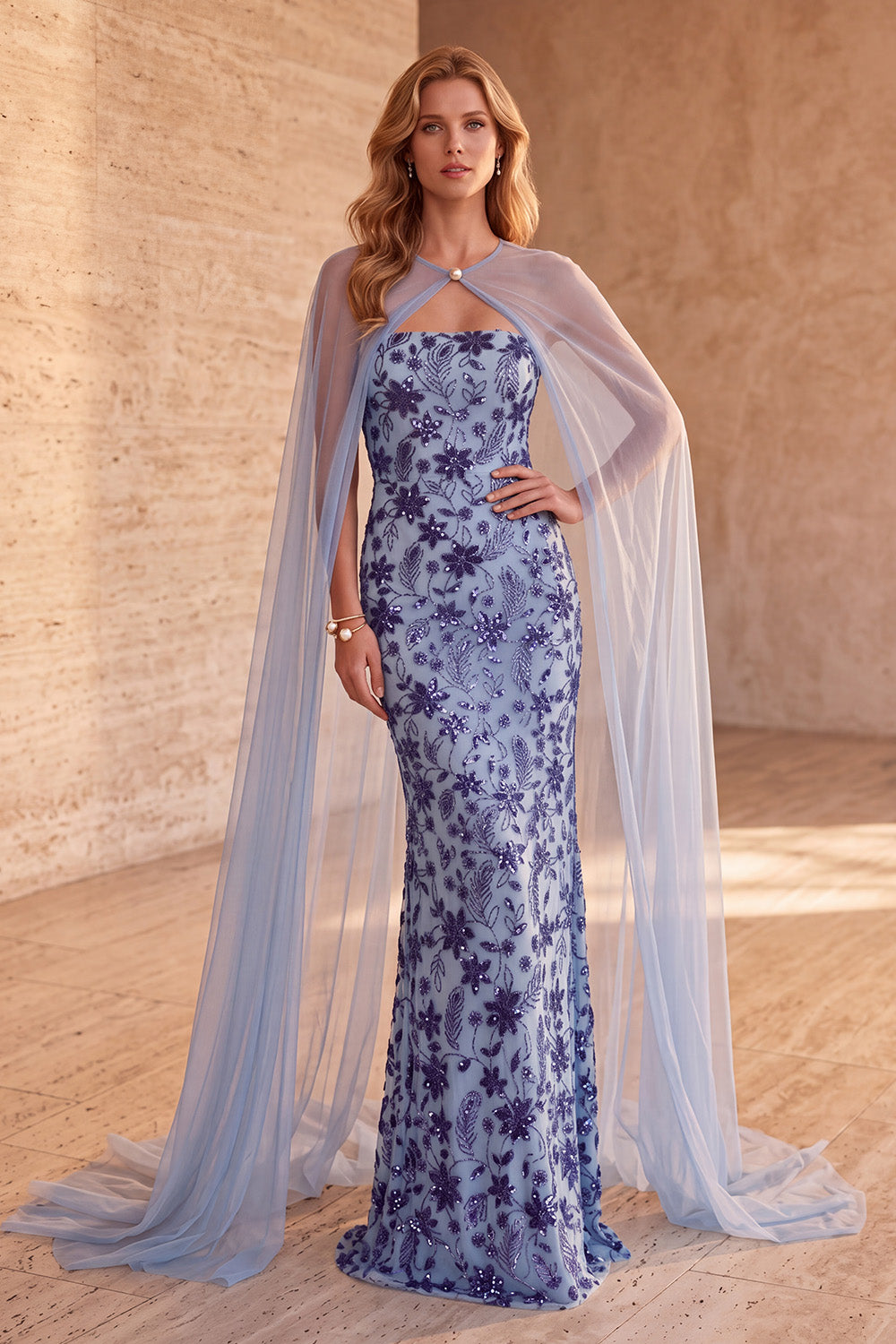 Sparkly Slate Blue Mermaid Floral Sequin Long Formal Dress with Cape