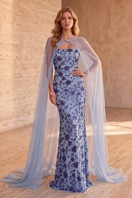 Sparkly Slate Blue Mermaid Floral Sequin Long Formal Dress with Cape
