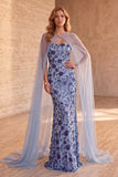Sparkly Slate Blue Mermaid Floral Sequin Long Formal Dress with Cape