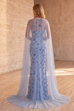 Sparkly Slate Blue Mermaid Floral Sequin Long Formal Dress with Cape