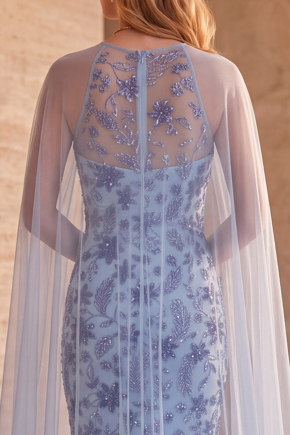 Sparkly Slate Blue Mermaid Floral Sequin Long Formal Dress with Cape