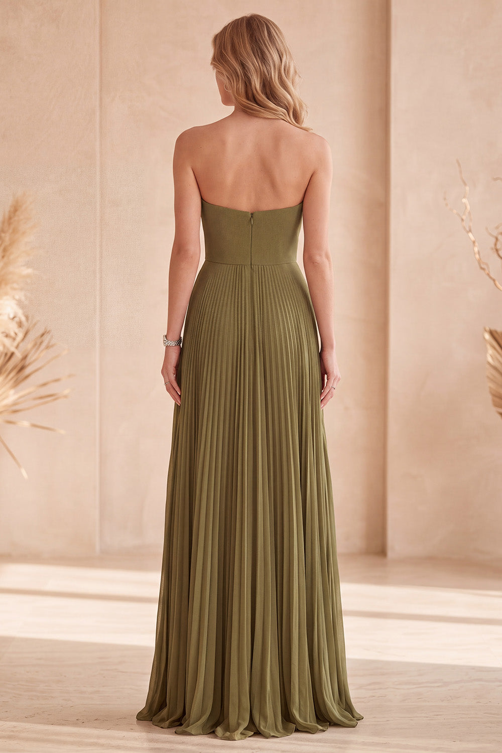 Olive Sweetheart Pleated A-Line Long Formal Dress with Beading